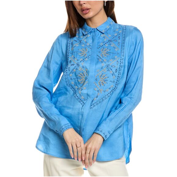 Kobi Halperin Women's Size S Blue Genevieve Embroidered Linen-Blend Blouse NWOT - Picture 1 of 9